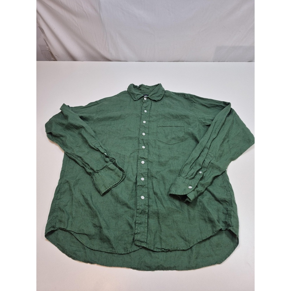 Drake's Shirt Mens 2XL Green Linen Button Up Long Sleeve Casual Made England